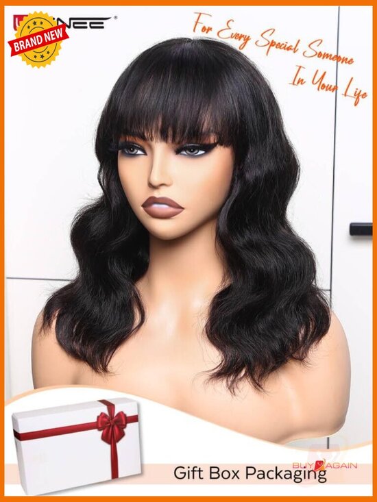 Natural wave wig with bangs 100% human hair medium cap tangle free heat style main image 4